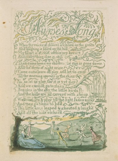「ナースの歌」、「イノセンスの歌」からのプレート18、1789年（水彩で手描きのレリーフエッチング） 作： William Blake